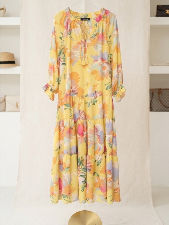easel Dresses & Skirts - easel Yellow Floral Tiered Maxi Dress with Tassel Tie